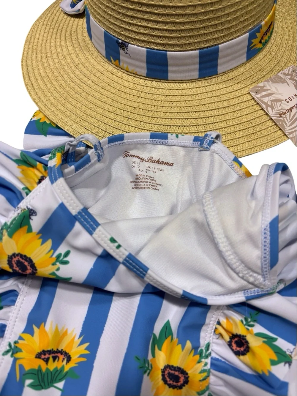 Tommy Bahama Kids Sunflower Stripe Ruffle One-Piece Swimsuit & Matching Hat NWT